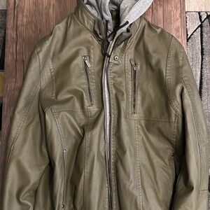 Army Olive Green Men’s Large Hooded Leather Jacket